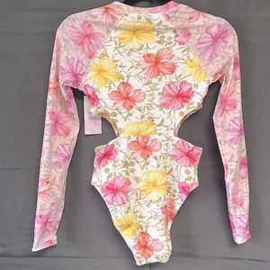 Hurley Pink and White One Piece Swimsuit with Long Sleeves